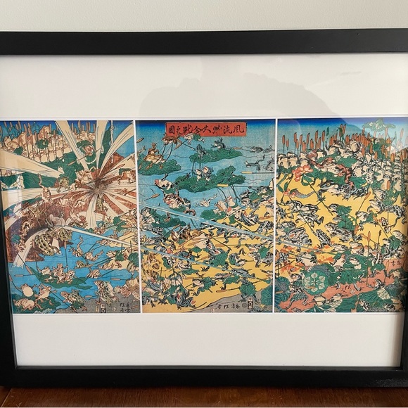 Fashionable Battle of Frogs Japanese Art 15x12 Kyosai Frog Samurai Ukiyoe Art - Picture 2 of 4